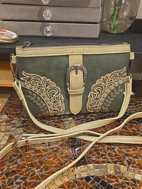 Olive & Cream Embroidered Crossbody Bag with Buckle Detail